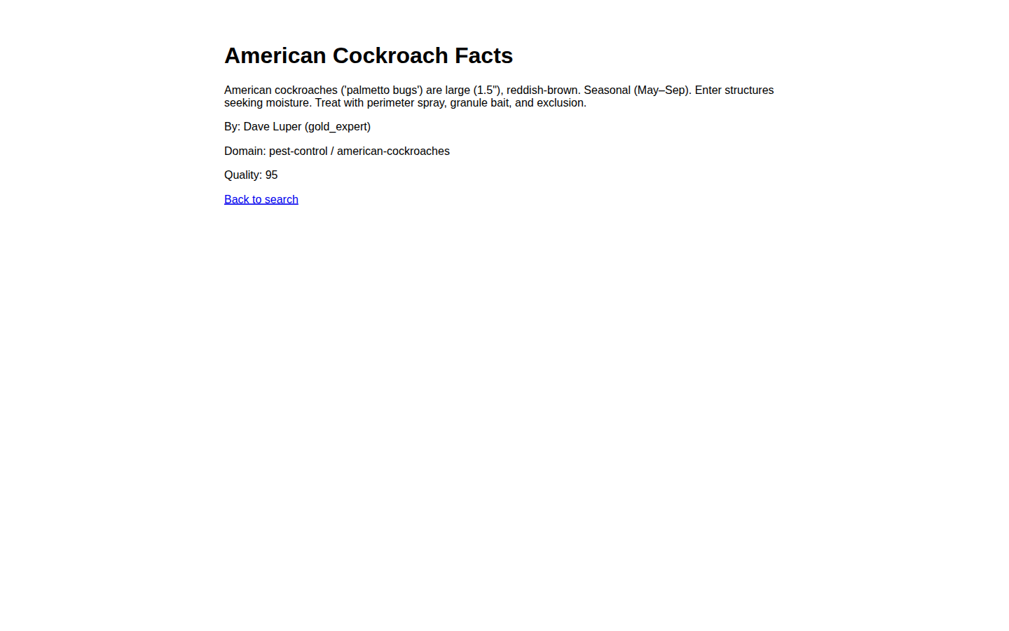 Entry detail page showing American Cockroach Facts with full metadata